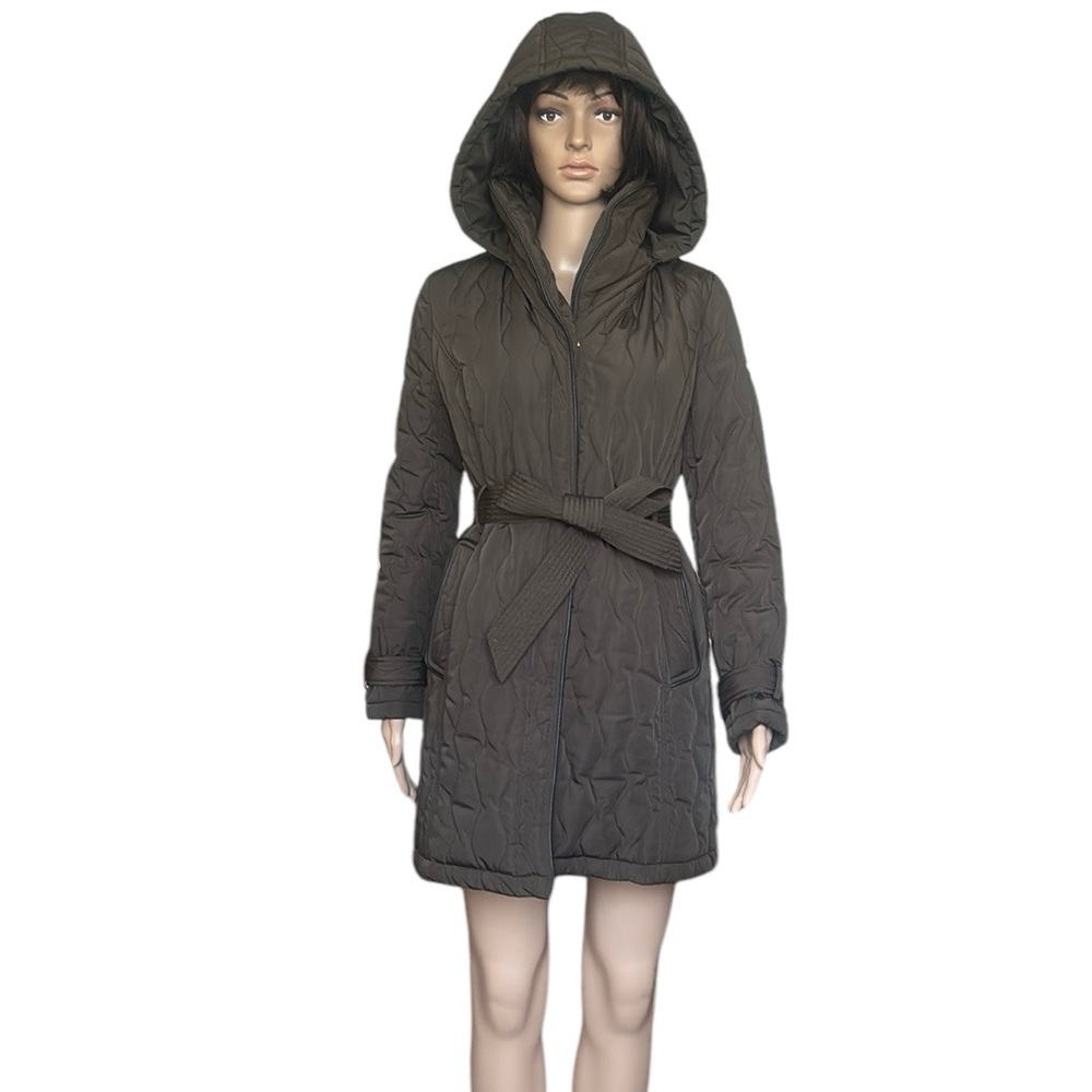 Donna Karan Mid Length Belted Puffer Coat with Hood in Olive Color Size XS